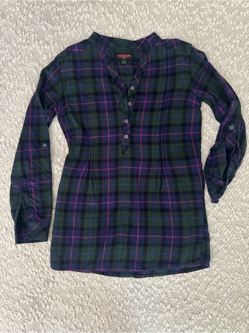 Flyshacker Plaid Tunic Top/Dress Women Small Green Purple Roll Tab Sleeve Cotton